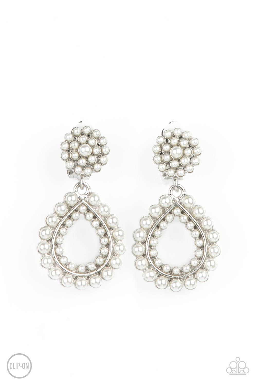 Discerning Droplets White Clip-On Earring - Paparazzi Accessories  Droplets of pearls dot the surface of a silver teardrop frame that suspends from a round pearl encrusted disc for a classic finish. Earring attaches to a standard clip-on fitting.  All Paparazzi Accessories are lead free and nickel free!  Sold as one pair of clip-on earrings.