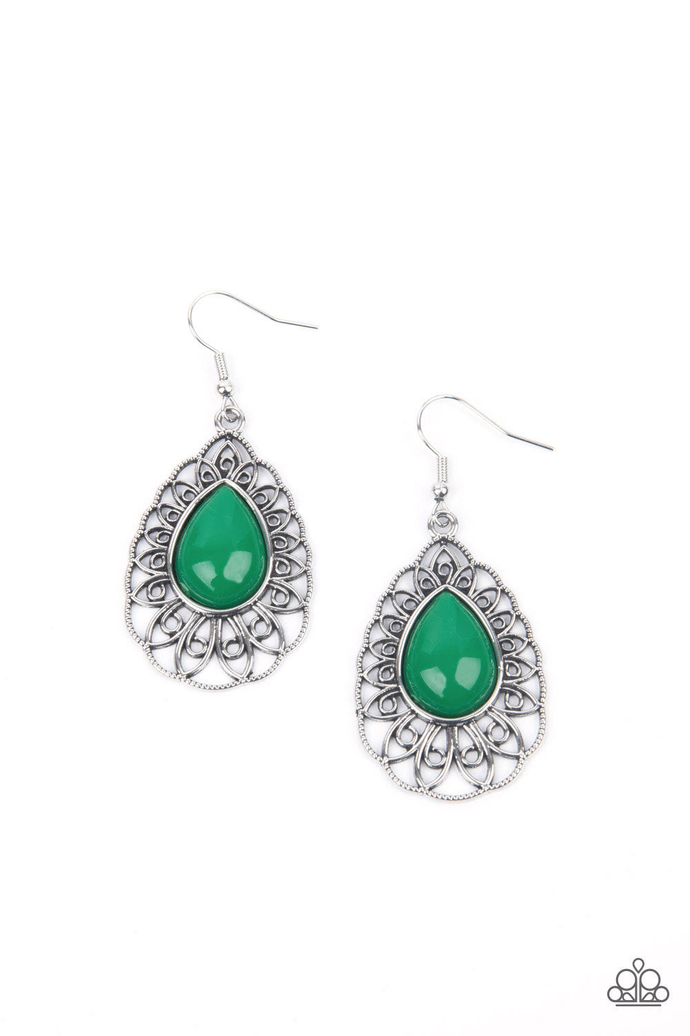 Dream STAYCATION Green Earring - Paparazzi Accessories A shiny Mint teardrop bead is pressed into the center of an airy silver teardrop frame radiating with ornate petals for a whimsical finesse. Earring attaches to a standard fishhook fitting.  All Paparazzi Accessories are lead free and nickel free!  Sold as one pair of earrings.