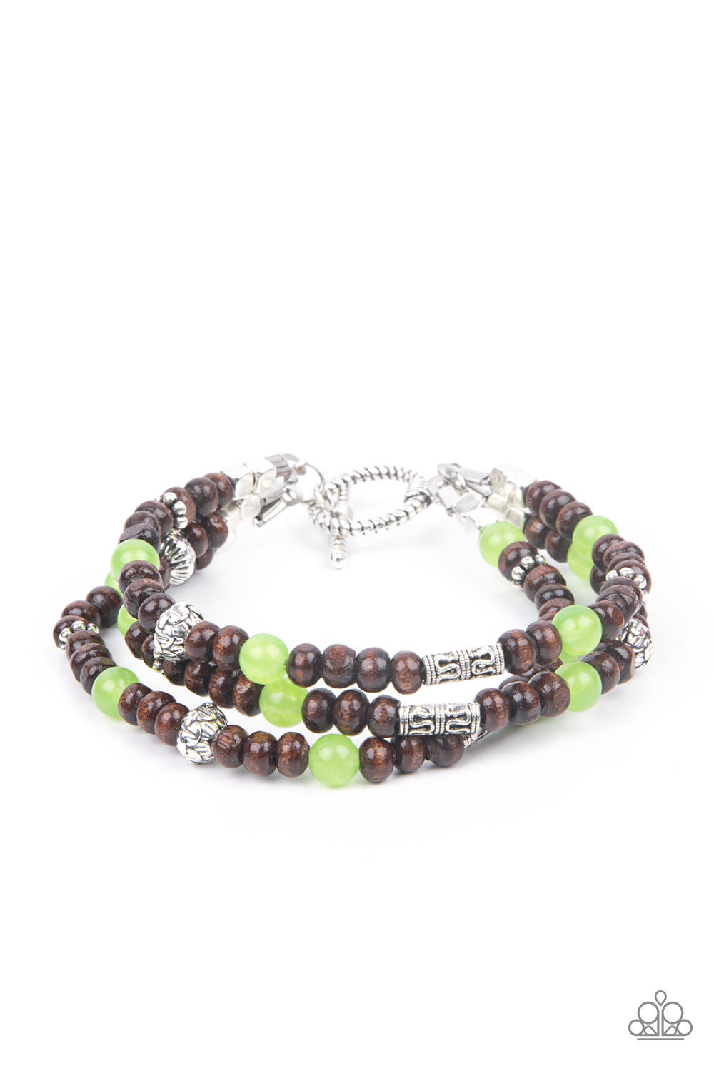 Woodsy Walkabout Green Toggle Bracelet - Paparazzi Accessories.  Apple Green stones and ornate silver beads provide a refreshing accent to triple strands of wooden beads as they layer around the wrist in an air of earthy sophistication. Features a toggle clasp closure.  ﻿﻿﻿All Paparazzi Accessories are lead free and nickel free!  Sold as one individual bracelet.