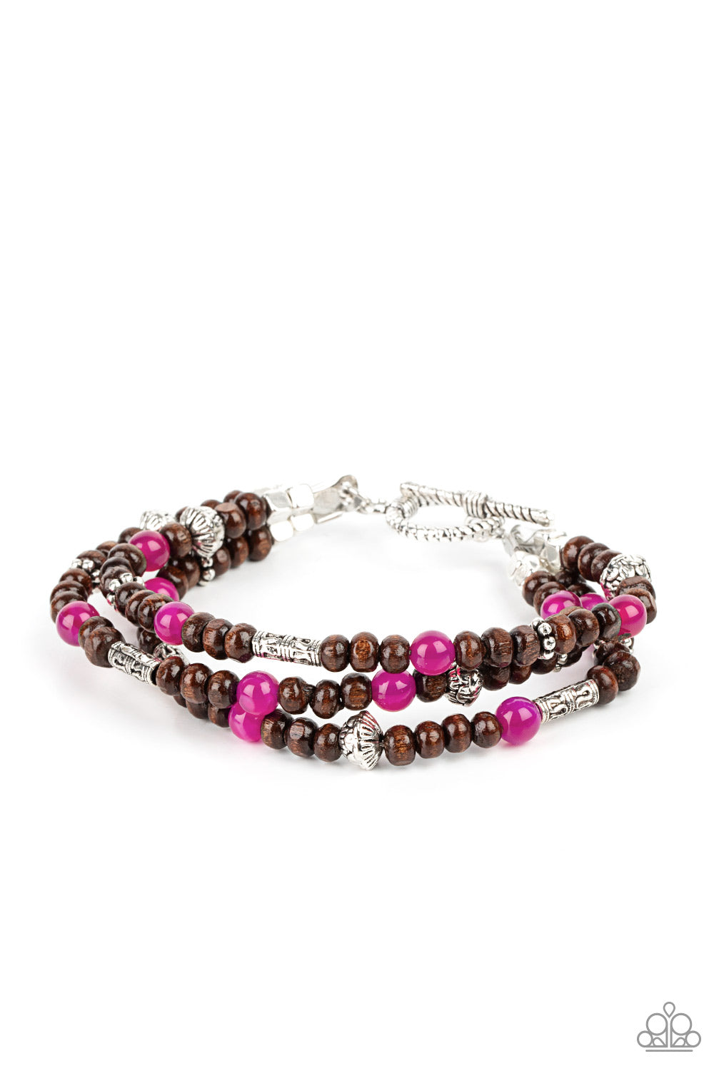 Woodsy Walkabout Pink Bracelet - Paparazzi Accessories  Pink stones and ornate silver beads provide a refreshing accent to triple strands of wooden beads as they layer around the wrist in an air of earthy sophistication. Features a toggle clasp closure.  All Paparazzi Accessories are lead free and nickel free!  Sold as one individual bracelet.