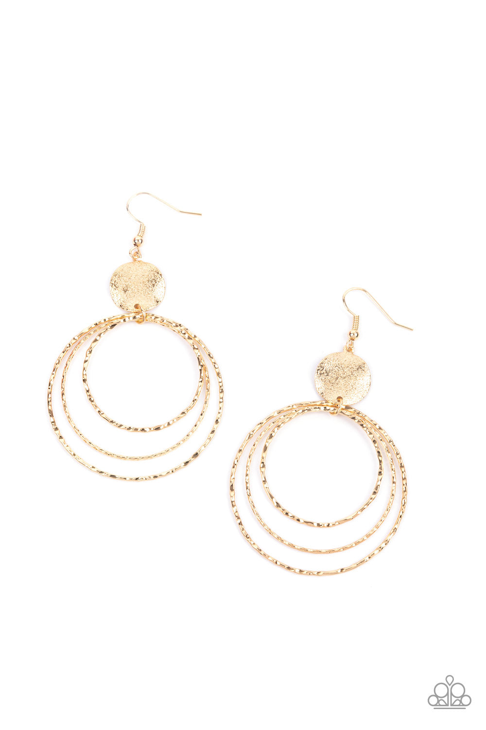 Universal Rehearsal Gold Earring - Paparazzi Accessories  A shimmery wavy gold disc links atop a collection of three delicately hammered gold rings in concentric sizes for an out-of-this-world finish. Earring attaches to a standard fishhook fitting.  All Paparazzi Accessories are lead free and nickel free!  Sold as one pair of earrings.