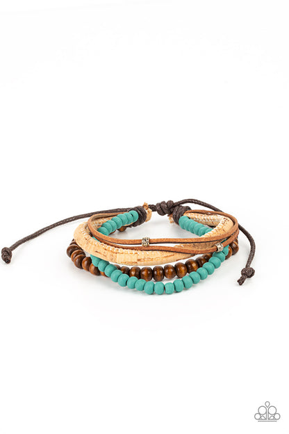 STACK To Basics Blue Urban Bracelet - Paparazzi Accessories  Featuring a strand of turquoise wooden beads, a collection of earthy strands of cork, leather, and wood, comes together for a simple handmade feel as it stacks up the wrist. Features an adjustable sliding knot closure.  All Paparazzi Accessories are lead free and nickel free!  Sold as one individual bracelet.