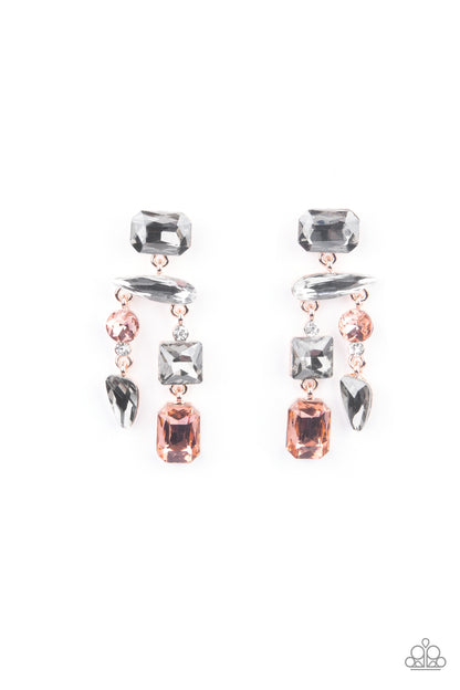 Hazard Pay Multi Earring - Paparazzi Accessories  Varying in shape, a smoldering collection of white, smoky, and topaz gems haphazardly link into an edgy chandelier of rose gold frames. Earring attaches to a standard post fitting.  All Paparazzi Accessories are lead free and nickel free!  Sold as one pair of post earrings.