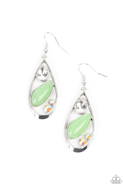 Harmonious Harbors Green Earring - Paparazzi Accessories.  A silver teardrop frame embraces a collection of iridescent rhinestones and a milky Green Ash bead that is reminiscent of seashore finds. Earring attaches to a standard fishhook fitting.  ﻿﻿﻿All Paparazzi Accessories are lead free and nickel free!  Sold as one pair of earrings.