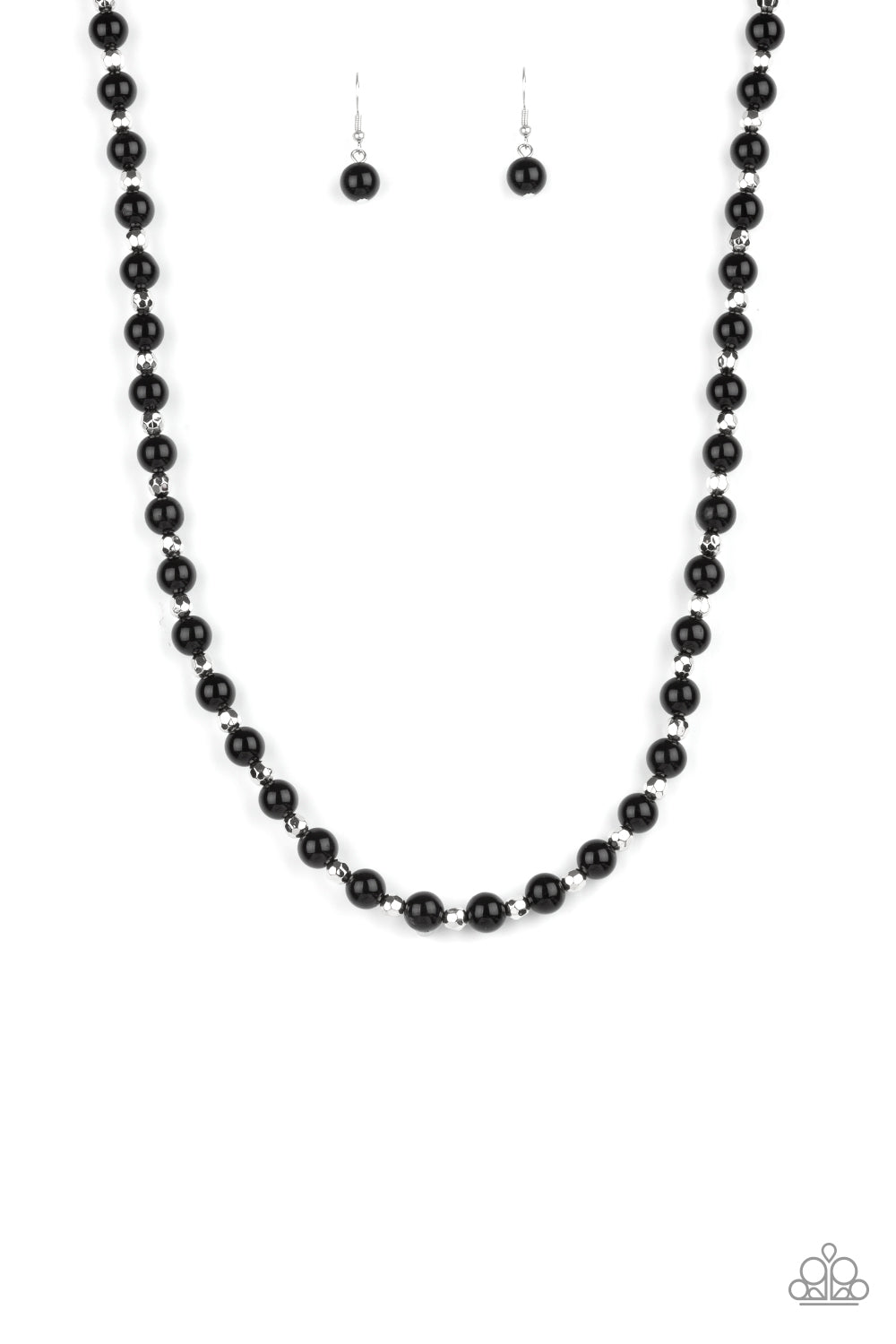 Nautical Novelty Black Necklace - Paparazzi Accessories  Classic black and faceted silver beads alternate along an invisible wire below the collar, creating a timeless twist. Features an adjustable clasp closure.  All Paparazzi Accessories are lead free and nickel free!  Sold as one individual necklace. Includes one pair of matching earrings.