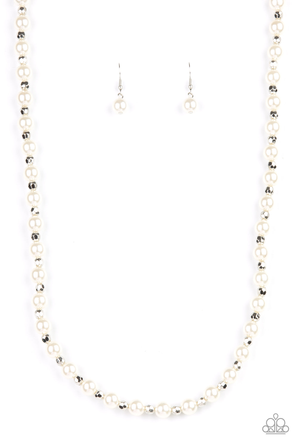 Nautical Novelty White Necklace - Paparazzi Accessories  Classic white pearls and faceted silver beads alternate along an invisible wire below the collar, creating a timeless twist. Features an adjustable clasp closure.  ﻿All Paparazzi Accessories are lead free and nickel free!  Sold as one individual necklace. Includes one pair of matching earrings.