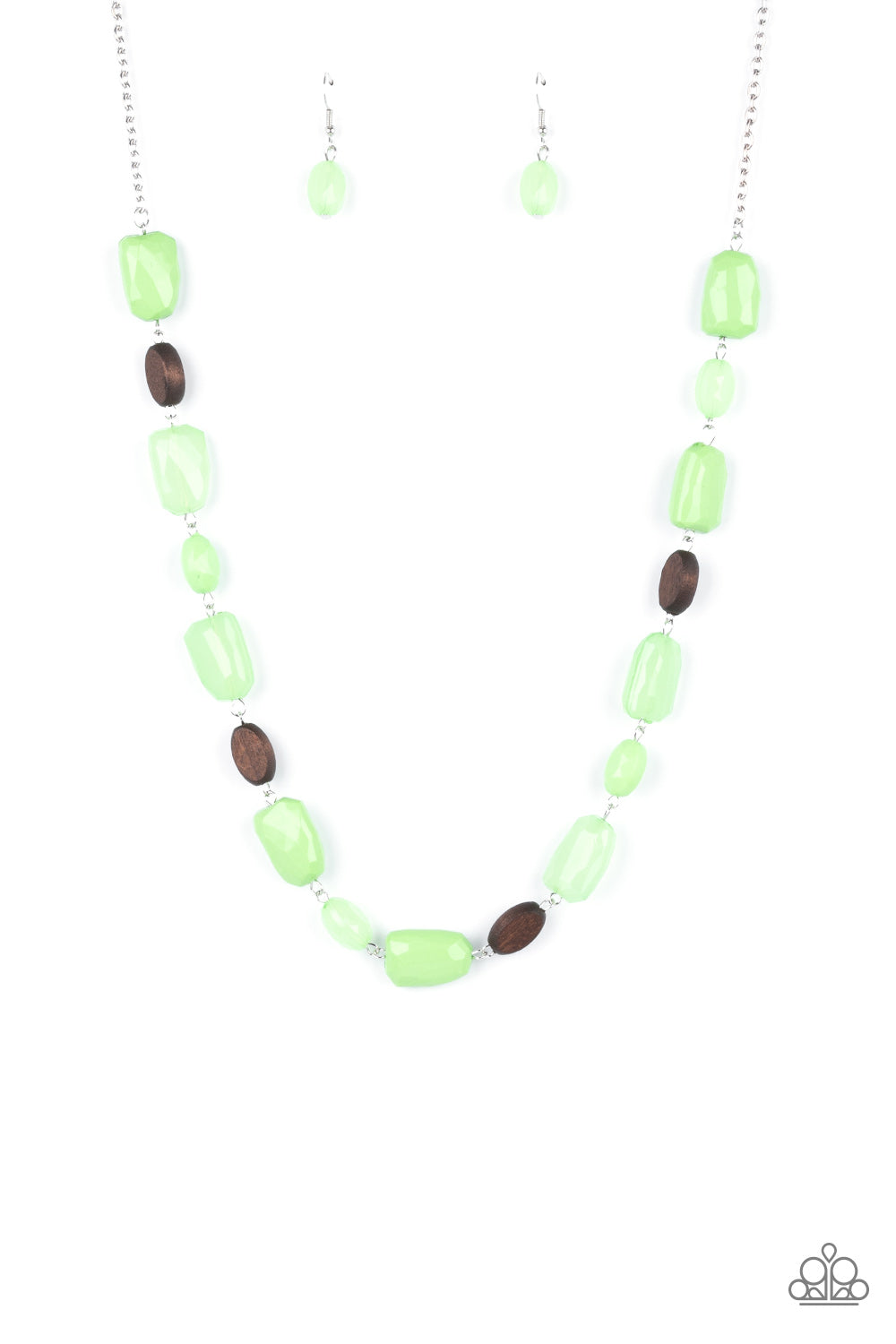 Meadow Escape Green Necklace - Paparazzi Accessories  Varying in opacity, a mixed assortment of faceted Apple Green beads delicately link with dainty wooden beads across the chest, creating a whimsically earthy display. Features an adjustable clasp closure.  All Paparazzi Accessories are lead free and nickel free!  Sold as one individual necklace. Includes one pair of matching earrings.