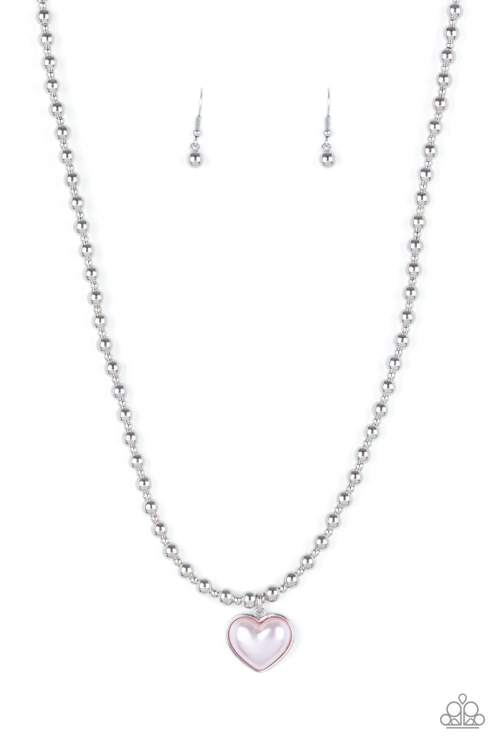 Heart Full of Fancy Pink Necklace - Paparazzi Accessories  Featuring a pearly pink center, a charming heart pendant suspends from a strand of silver beads below the collar for a romantic flair. Features an adjustable clasp closure.  All Paparazzi Accessories are lead free and nickel free!  Sold as one individual necklace. Includes one pair of matching earrings.