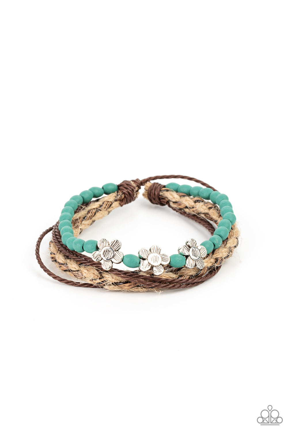 Raffia Remix Blue Bracelet - Paparazzi Accessories  Three delightful etched silver flowers stand out on a strand of turquoise wooden beads. Paired with an assortment of braided twine and cording, the set wraps around the wrist for an earthy remix. Features an adjustable sliding knot closure.  All Paparazzi Accessories are lead free and nickel free!  Sold as one individual bracelet.