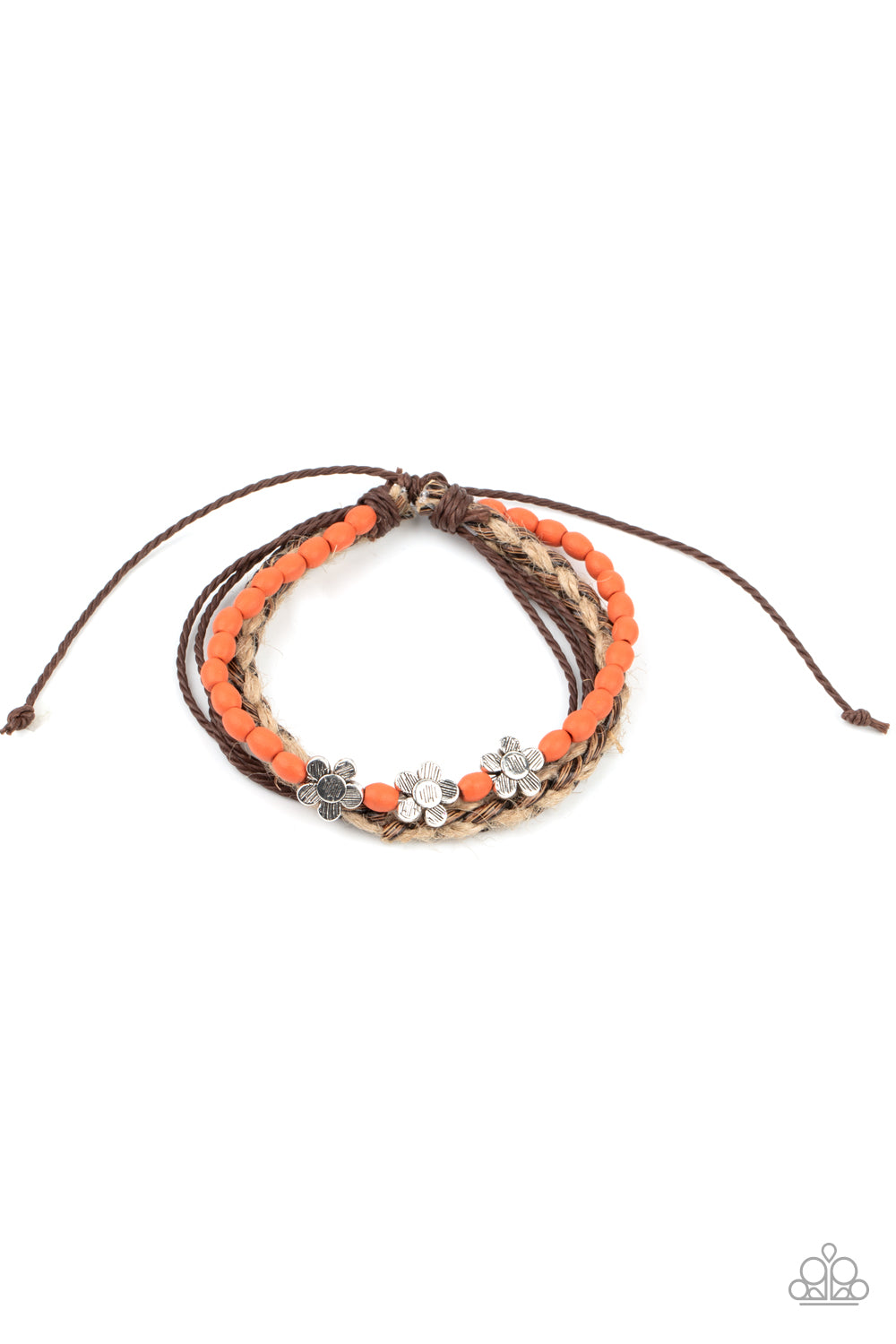 Raffia Remix Orange Urban Bracelet - Paparazzi Accessories  Three delightful etched silver flowers stand out on a strand of orange wooden beads. Paired with an assortment of braided twine and cording, the set wraps around the wrist for an earthy remix. Features an adjustable sliding knot closure.  All Paparazzi Accessories are lead free and nickel free!  Sold as one individual bracelet.