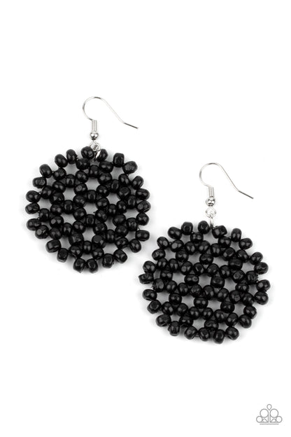 Summer Escapade Black Earring - Paparazzi Accessories  Clusters of dainty black wooden beads are threaded along invisible wire, creating a vivacious floral pattern frame for a summery flair. Earring attaches to a standard fishhook fitting.  Sold as one pair of earrings.