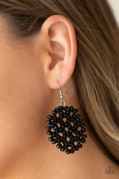Summer Escapade Black Earring - Paparazzi Accessories  Clusters of dainty black wooden beads are threaded along invisible wire, creating a vivacious floral pattern frame for a summery flair. Earring attaches to a standard fishhook fitting.  Sold as one pair of earrings.