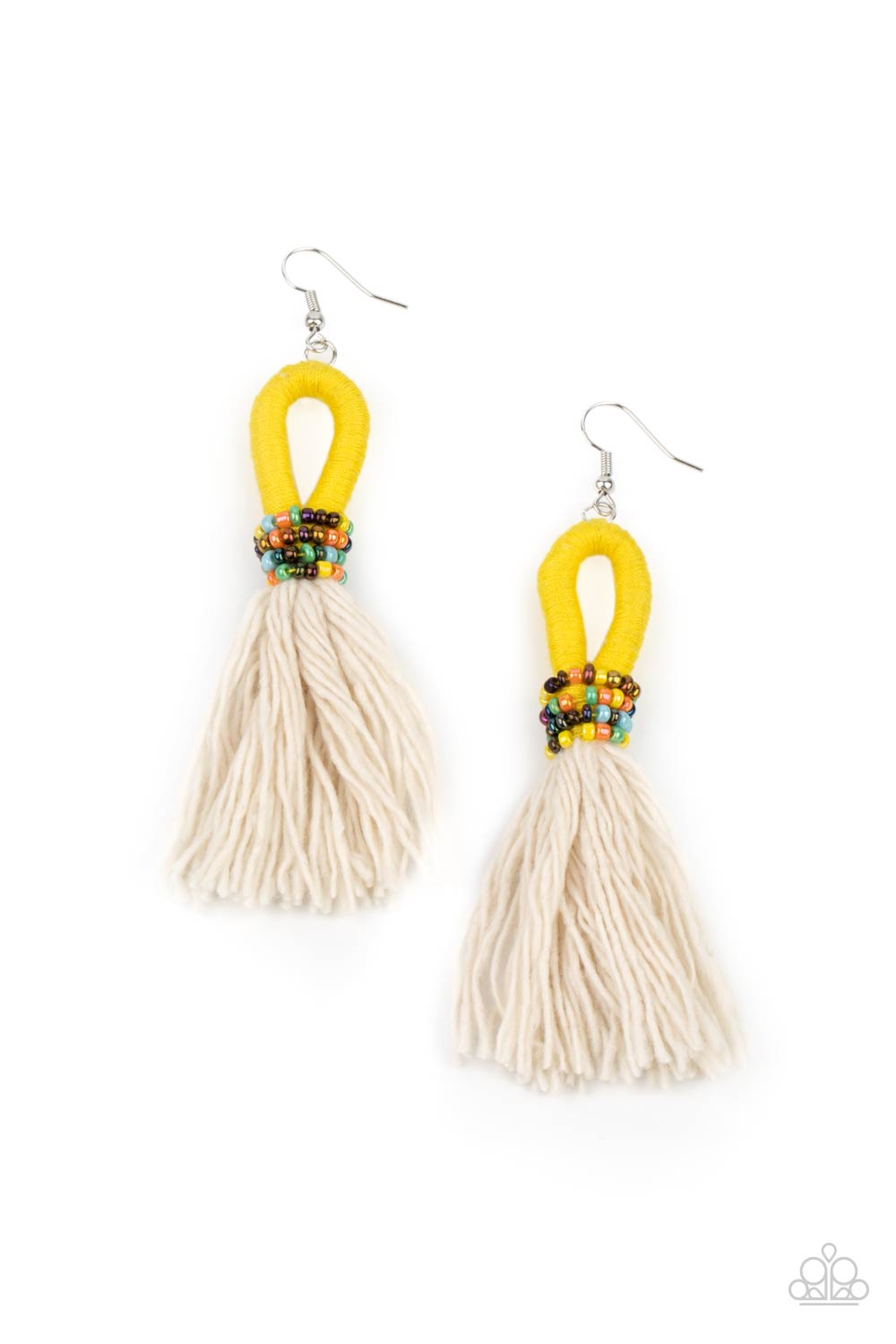 The Dustup Yellow Earring - Paparazzi Accessories  A tassel of soft white cotton fans out under rows of brightly colored seed beads. Anchored by a loop of vibrant yellow floss, the eye-catching style swings from the ear for a show-stopping statement. Earring attaches to a standard fishhook fitting.  All Paparazzi Accessories are lead free and nickel free!  Sold as one pair of earrings.