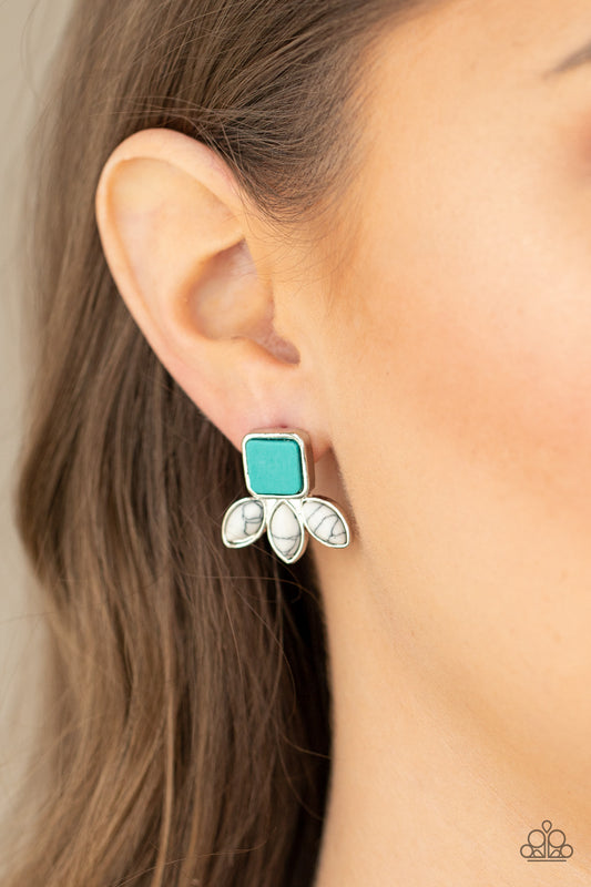 Hill Country Blossoms Blue Earring - Paparazzi Accessories  Encased in sleek silver frames, a trio of marquise white stones fan out from the bottom of a square turquoise stone for an earthy flair. Earring attaches to a standard post fitting.  ﻿All Paparazzi Accessories are lead free and nickel free!  Sold as one pair of post earrings.