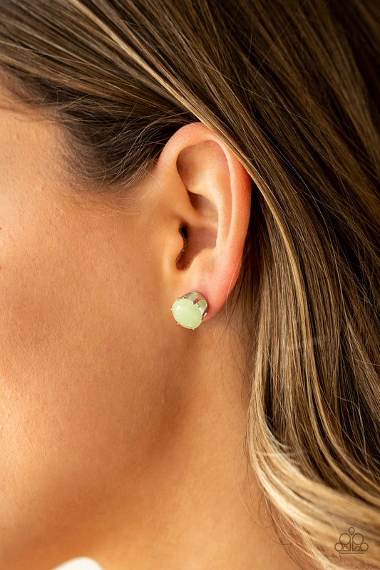 Simply Serendipity Green Post Earring - Paparazzi Accessories  Dewy Green Ash faceted gem-like beads float atop a pronged silver fitting, creating an ethereal display. Earring attaches to a standard post fitting.  All Paparazzi Accessories are lead free and nickel free!  Sold as one pair of post earrings.