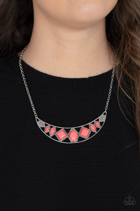 Emblazoned Era Pink Necklace - Paparazzi Accessories  Featuring marquise, square, and oval shapes, a faceted collection of neon pink beads adorn the center of an airy silver half moon plate, creating a vivacious tribal inspired pendant below the collar. Features an adjustable clasp closure.  All Paparazzi Accessories are lead free and nickel free!  Sold as one individual necklace. Includes one pair of matching earrings.