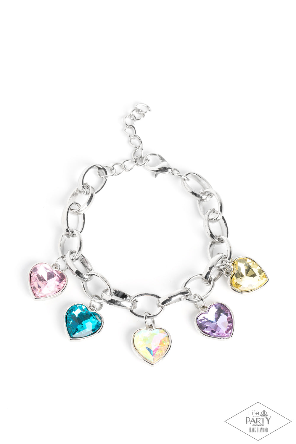 Candy Heart Charmer Multi Bracelet - Paparazzi Accessories  Multicolored heart-shaped gems are encased in sleek silver frames that swing from an oversized silver chain, creating a sparkly fringe around the wrist. Features an adjustable clasp closure. Due to its prismatic palette, color may vary.  Sold as one individual bracelet.  P9RE-MTXX-073XX
