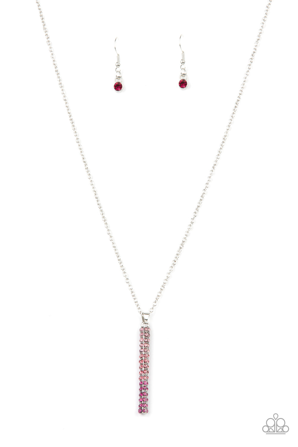 Tower Of Transcendence Pink Necklace - Paparazzi Accessories  A sparkly collection of spectrum pink rhinestones are encrusted along a silver pendulum that swings along the bottom of a silver chain, creating a glittery ombre effect. Features an adjustable clasp closure.  Sold as one individual necklace. Includes one pair of matching earrings.