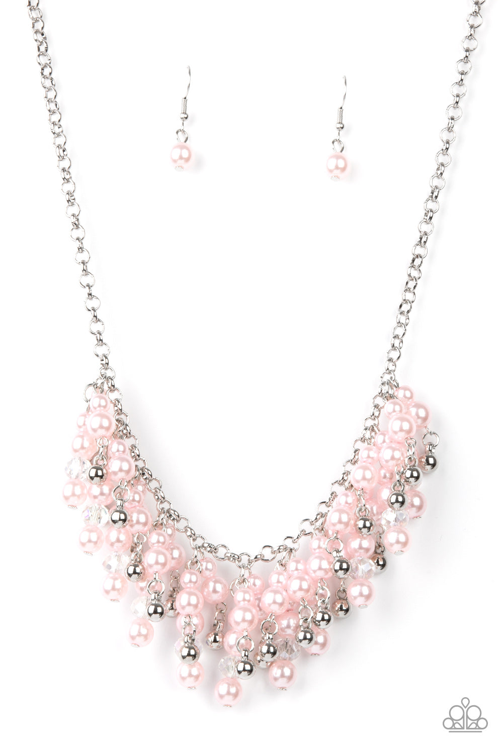 Champagne Dreams Pink Necklace - Paparazzi Accessories  A bubbly collection of pink pearls, silver beads, and sparkly crystal-like beads are threaded along metallic rods that trickle from the bottom of a shimmery silver chain, creating an elegantly effervescent fringe below the collar. Features an adjustable clasp closure.  All Paparazzi Accessories are lead free and nickel free!  Sold as one individual necklace. Includes one pair of matching earrings.