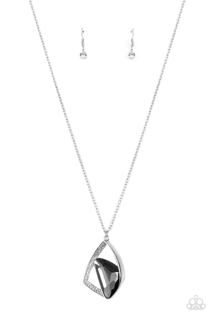 Galactic Wonder Silver Necklace - Paparazzi Accessories  A triangular smoky gem is nestled inside folds of a shiny silver frame and white rhinestone encrusted silver ribbons, creating an asymmetrical pendant at the bottom of a lengthened silver chain. Features an adjustable clasp closure.  ﻿All Paparazzi Accessories are lead free and nickel free!  Sold as one individual necklace. Includes one pair of matching earrings.