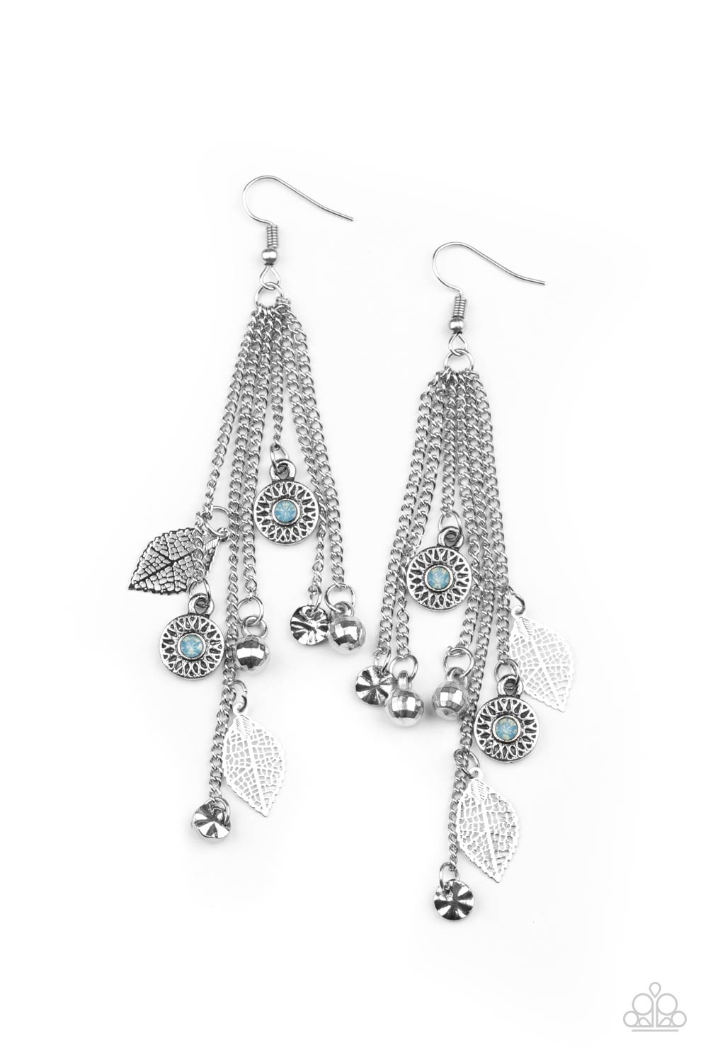 A Natural Charmer Blue Earring - Paparazzi Accessories. Dewy Cerulean rhinestone dotted frames, airy silver leaves, silver disco ball-like beads stream from the bottoms of dainty silver chains, creating a whimsically tasseled display. Earring attaches to a standard fishhook fitting.  All Paparazzi Accessories are lead free and nickel free!  Sold as one pair of earrings.