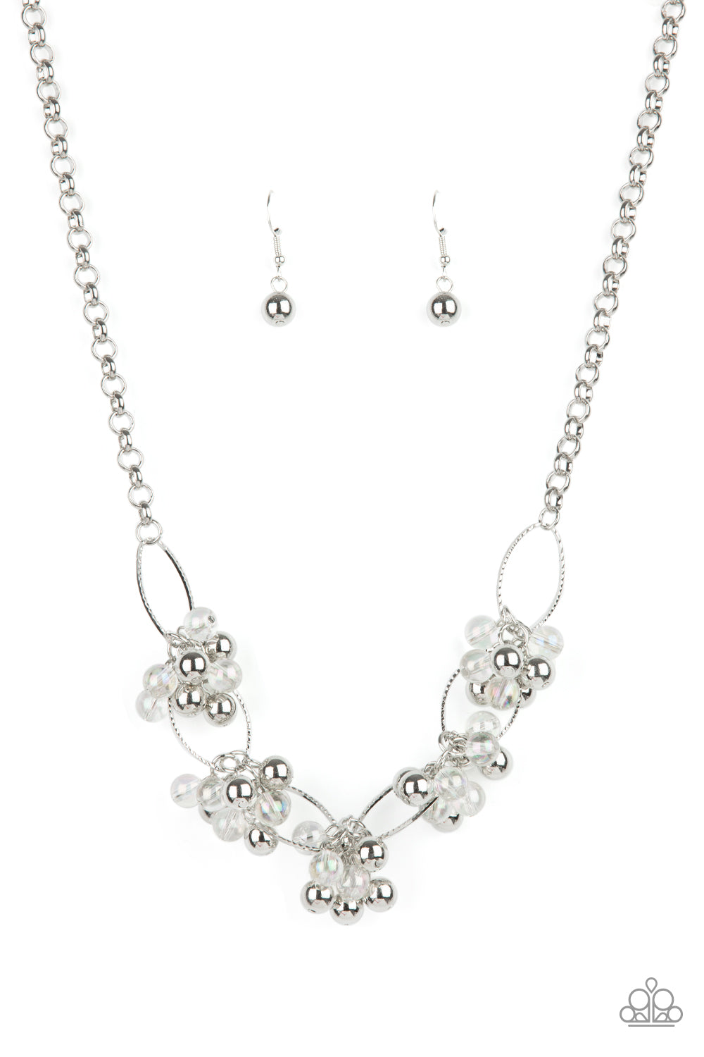 Effervescent Ensemble Multi Necklace - Paparazzi Accessories  Clusters of glassy iridescent and shiny silver beads link with textured silver ovals, creating a bubbly effervescence below the collar. Features an adjustable clasp closure.  All Paparazzi Accessories are lead free and nickel free!  Sold as one individual necklace. Includes one pair of matching earrings.
