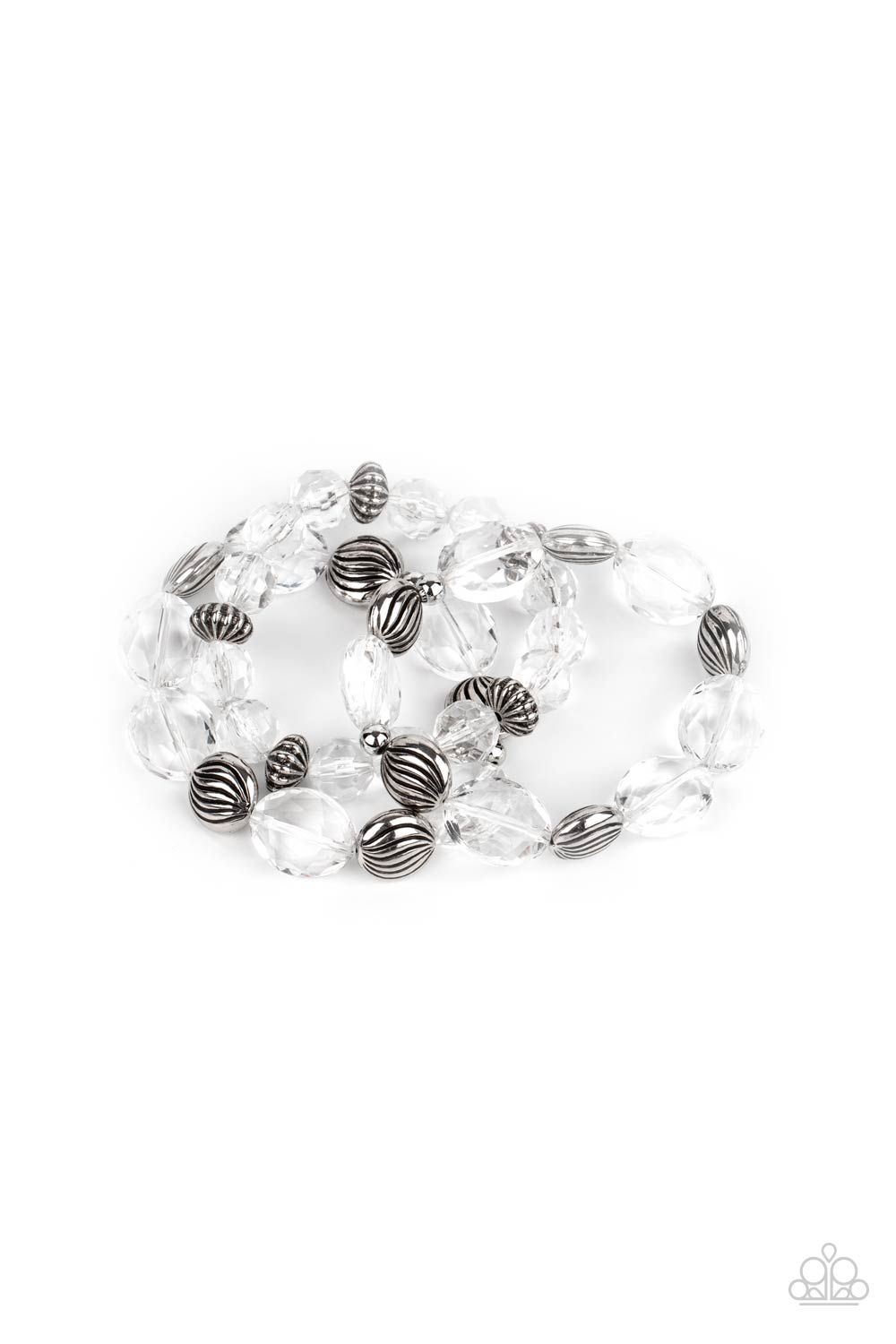 Crystal Charisma White Bracelet - Paparazzi Accessories A mismatched collection of sparkly white crystal-like beads and textured silver accents are threaded along stretchy bands around the wrist, creating glamorous layers.  ﻿All Paparazzi Accessories are lead free and nickel free!  Sold as one set of three bracelets.