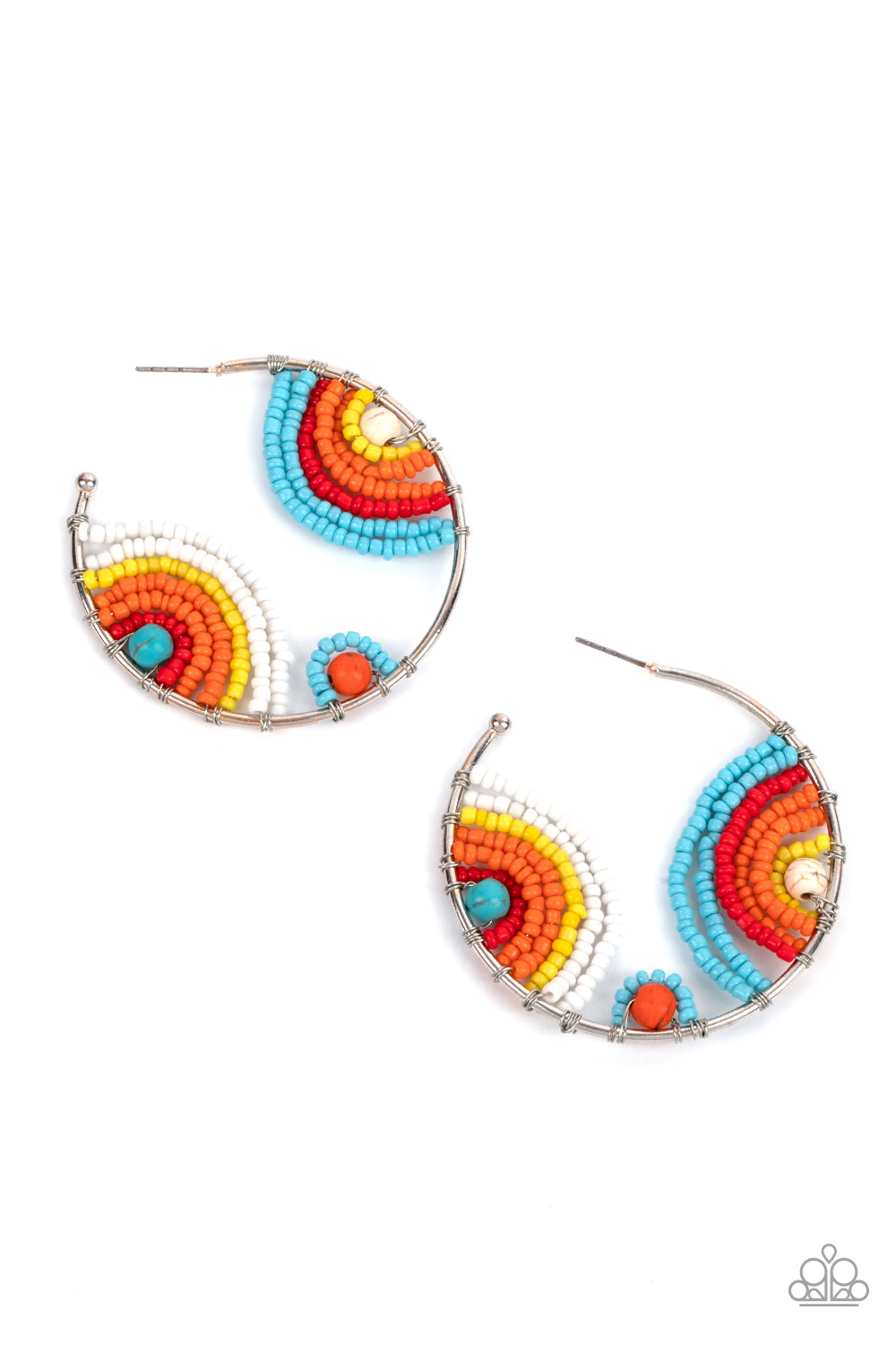 Rainbow Horizons Multi Earring - Paparazzi Accessories  Rows of turquoise, red, orange, yellow, and white seed beads curl around turquoise, orange, and white stone centers, creating colorful rainbows inside a delicate wire wrapped hoop. Hoop measures approximately 2" in diameter. Earring attaches to a standard post fitting.  All Paparazzi Accessories are lead free and nickel free!  Sold as one pair of hoop earrings.