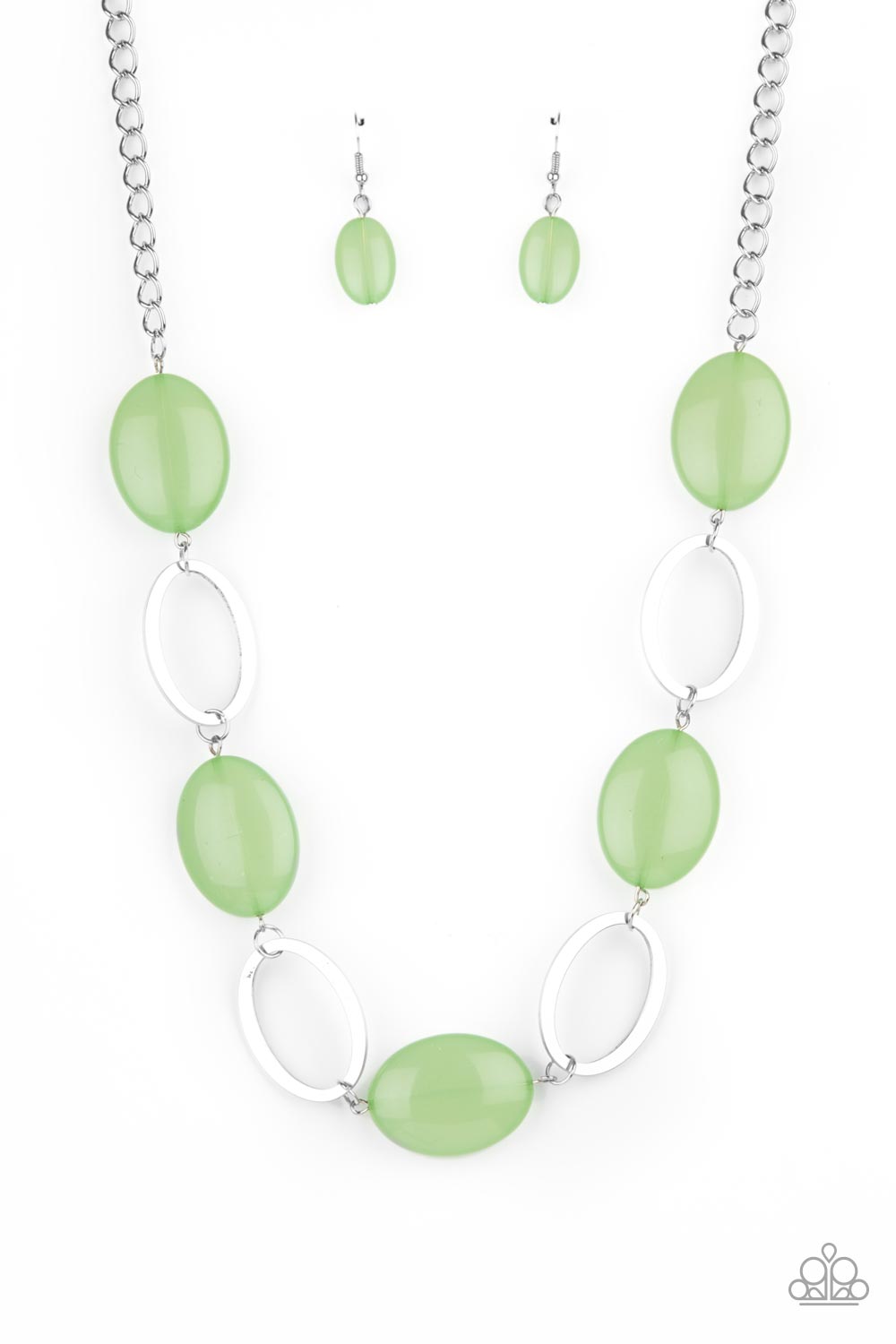 Beachside Boardwalk Green Necklace - Paparazzi Accessories  Shiny silver ovals and glassy green oval beads delicately link across the chest, creating a whimsical pop of color. Features an adjustable clasp closure.  All Paparazzi Accessories are lead free and nickel free!  Sold as one individual necklace. Includes one pair of matching earrings.