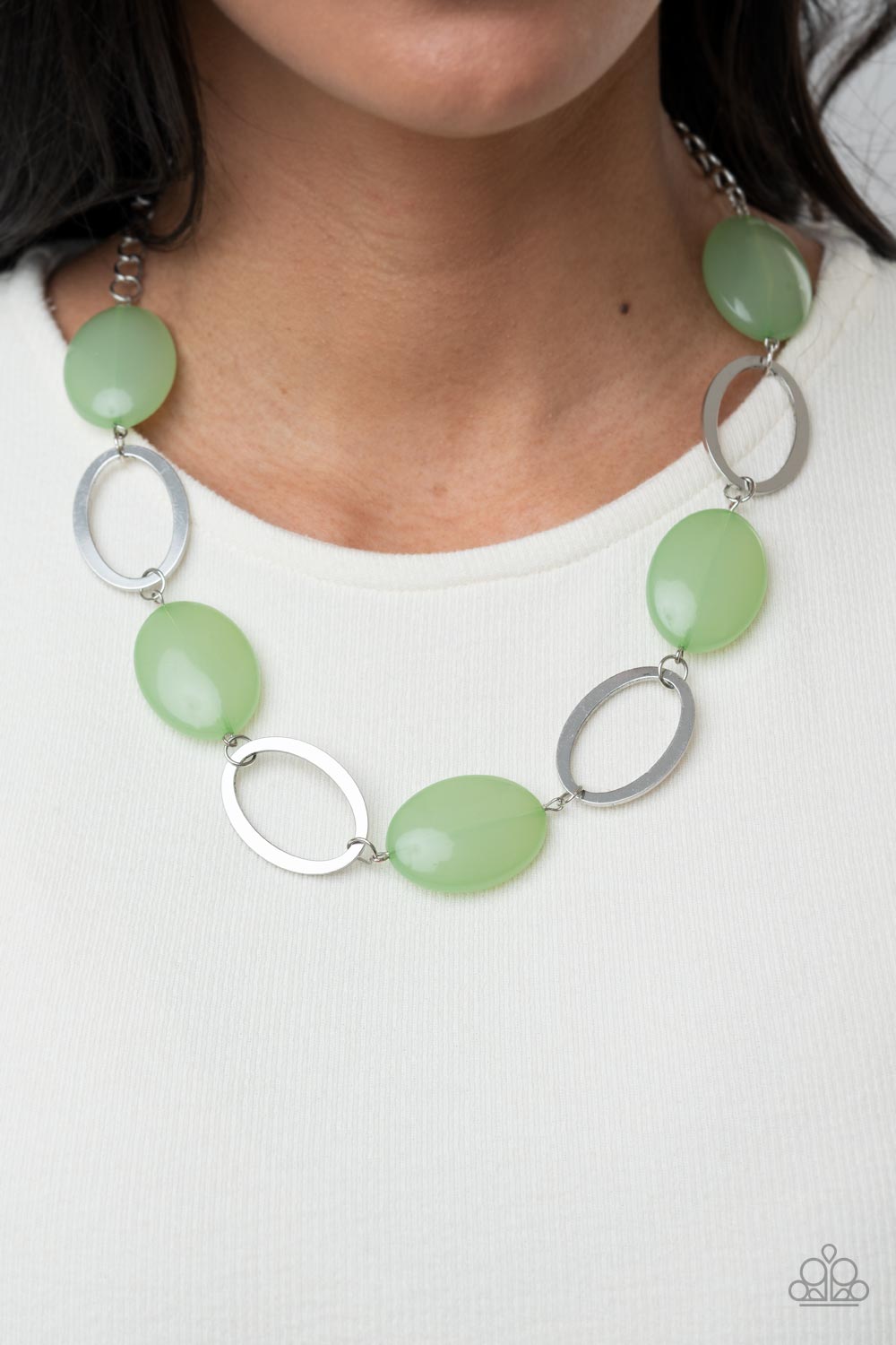 Beachside Boardwalk Green Necklace - Paparazzi Accessories  Shiny silver ovals and glassy green oval beads delicately link across the chest, creating a whimsical pop of color. Features an adjustable clasp closure.  All Paparazzi Accessories are lead free and nickel free!  Sold as one individual necklace. Includes one pair of matching earrings.