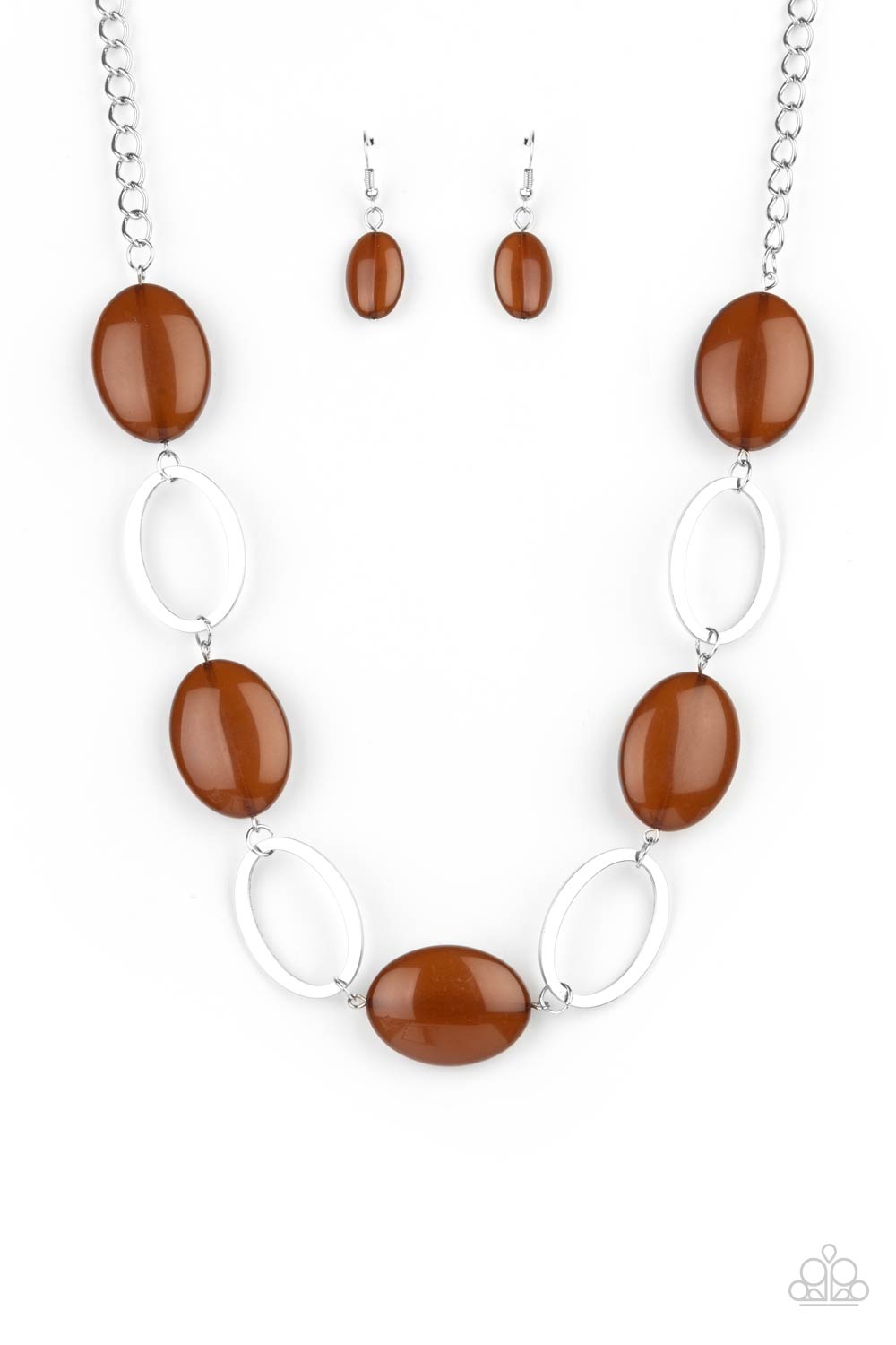 Beachside Boardwalk Brown Necklace - Paparazzi Accessories  Shiny silver ovals and glassy brown oval beads delicately link across the chest, creating a whimsical pop of color. Features an adjustable clasp closure.  All Paparazzi Accessories are lead free and nickel free!  Sold as one individual necklace. Includes one pair of matching earrings.