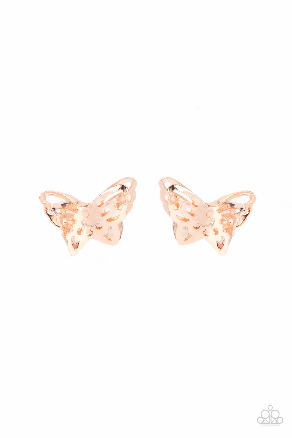 Flutter Fantasy Rose Gold Earring - Paparazzi Accessories.  Delicately stenciled in airy cutouts, two layers of rose gold wings delicately overlap into a fluttery butterfly for a whimsical fashion. Earring attaches to a standard post fitting.  ﻿﻿﻿All Paparazzi Accessories are lead free and nickel free!  Sold as one pair of post earrings.