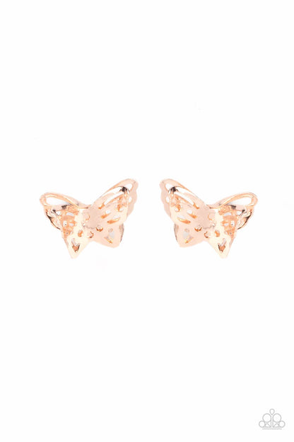 Flutter Fantasy Rose Gold Earring - Paparazzi Accessories.  Delicately stenciled in airy cutouts, two layers of rose gold wings delicately overlap into a fluttery butterfly for a whimsical fashion. Earring attaches to a standard post fitting.  ﻿﻿﻿All Paparazzi Accessories are lead free and nickel free!  Sold as one pair of post earrings.