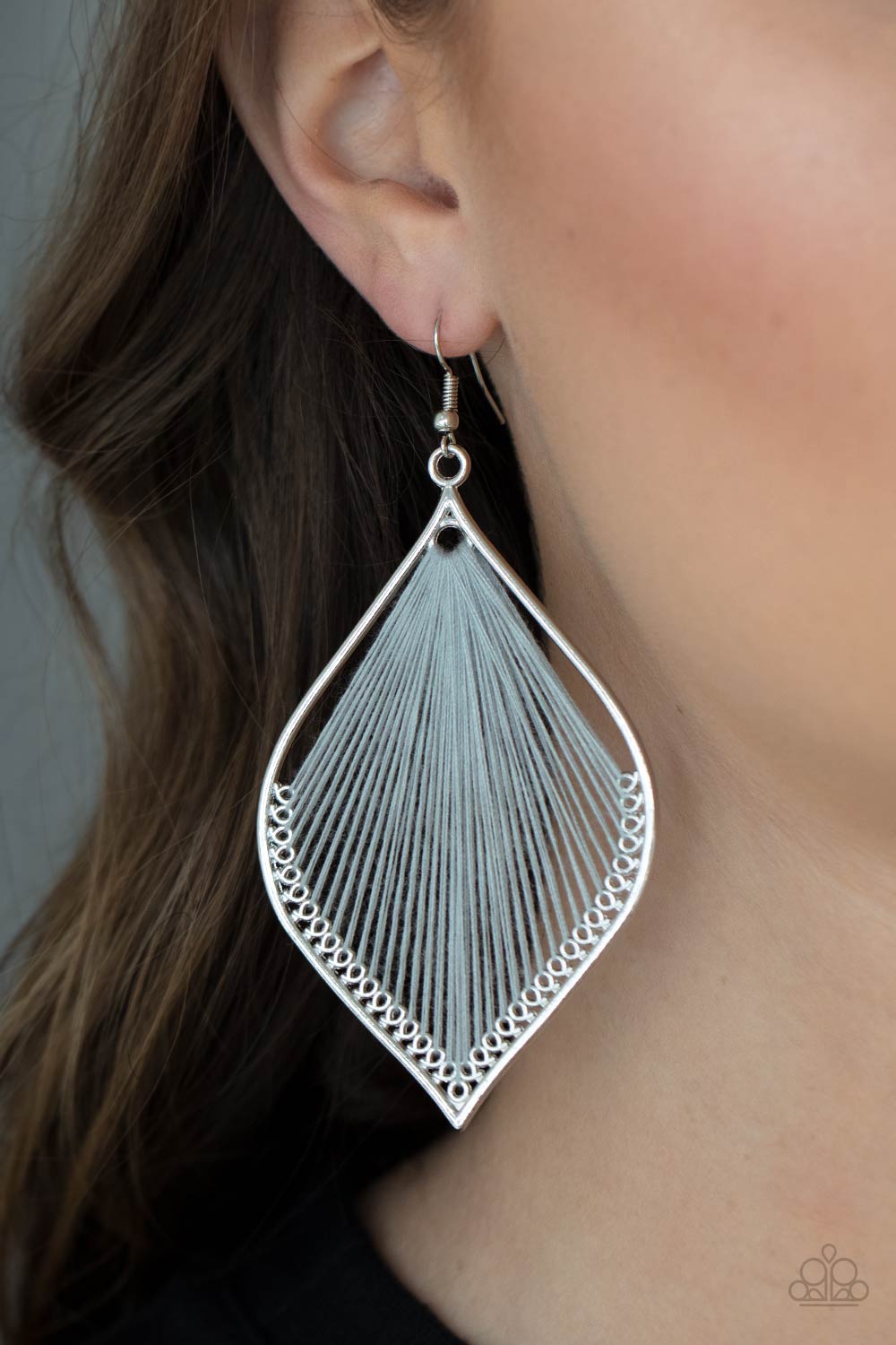 String Theory Silver Earring - Paparazzi Accessories  Ultimate Gray string is threaded through small hoops inside a silver mandala-shaped frame for a vibrant artistic adornment. Earring attaches to a standard fishhook fitting.  All Paparazzi Accessories are lead free and nickel free!  Sold as one pair of earrings.