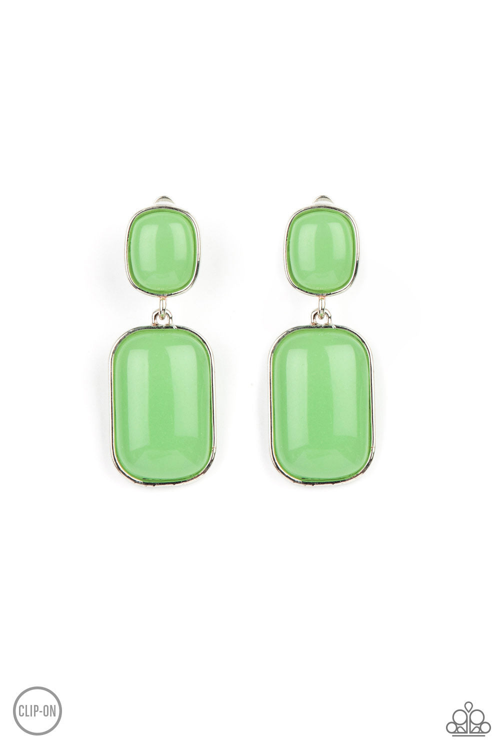 Meet Me At The Plaza Green Clip-On Earring - Paparazzi Accessories  Encased in sleek silver frames, milky Green Ash beads link into an oversized lure for a whimsically refined flair. Earring attaches to a standard clip-on fitting.  All Paparazzi Accessories are lead free and nickel free!  Sold as one pair of clip-on earrings.