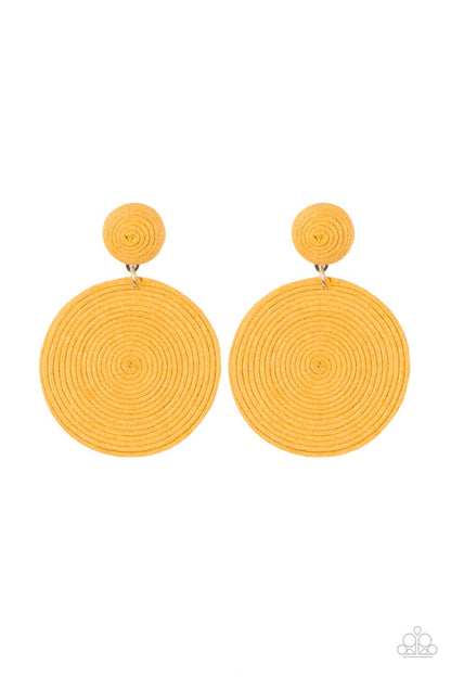 Circulate The Room Yellow Post Earring - Paparazzi Accessories  A generous disc of yellow thread spirals around and around for a dizzying finish as it connects to a yellow threaded button post. Earring attaches to a standard post fitting.  All Paparazzi Accessories are lead free and nickel free!  Sold as one pair of post earrings.