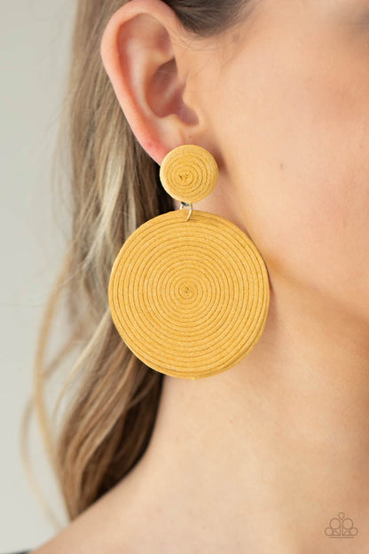 Circulate The Room Yellow Post Earring - Paparazzi Accessories  A generous disc of yellow thread spirals around and around for a dizzying finish as it connects to a yellow threaded button post. Earring attaches to a standard post fitting.  All Paparazzi Accessories are lead free and nickel free!  Sold as one pair of post earrings.