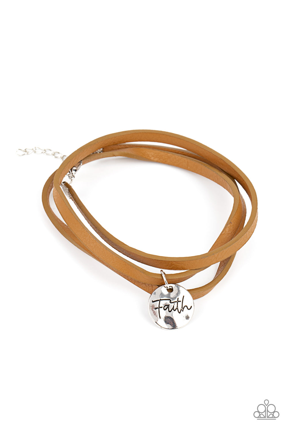 Wonderfully Worded Brown Wrap Bracelet - Paparazzi Accessories  A hammered silver disc stamped in the word, "Faith" is threaded on a lengthened brown leather cord that triple wraps around the wrist, creating a message of hope. Features an adjustable clasp closure.  All Paparazzi Accessories are lead free and nickel free!  Sold as one individual bracelet.
