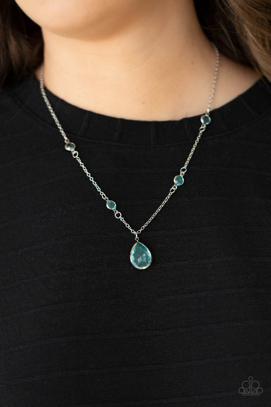 Romantic Rendezvous Blue Necklace - Paparazzi Accessories  A glassy Blue Radiance teardrop gem encased in a silver frame dips elegantly below the collar. Dainty glassy Blue Radiance gems accent the silver chain for a delicate and dreamy display below the collar. Features an adjustable clasp closure.  All Paparazzi Accessories are lead free and nickel free!  Sold as one individual necklace. Includes one pair of matching earrings.