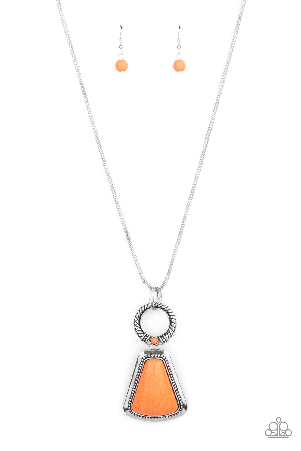 Stone Prairies Orange Necklace - Paparazzi Accessories  A flared triangular orange stone is pressed into the center of a studded silver frame. A textured ring, dotted with a dainty orange stone, links to the top of the stone creating a dramatically earthy pendant at the bottom of a lengthened round mesh chain. Features an adjustable clasp closure.  All Paparazzi Accessories are lead free and nickel free!  Sold as one individual necklace. Includes one pair of matching earrings.
