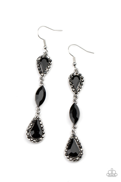 Test of TIMELESS Black Earring - Paparazzi Accessories  A trio of teardrop and marquis cut black gems fall in succession from the ear. The teardrops are set in silver frames studded with hematite rhinestones for a sparkly finish. Earring attaches to a standard fishhook fitting.  All Paparazzi Accessories are lead free and nickel free!  Sold as one pair of earrings.