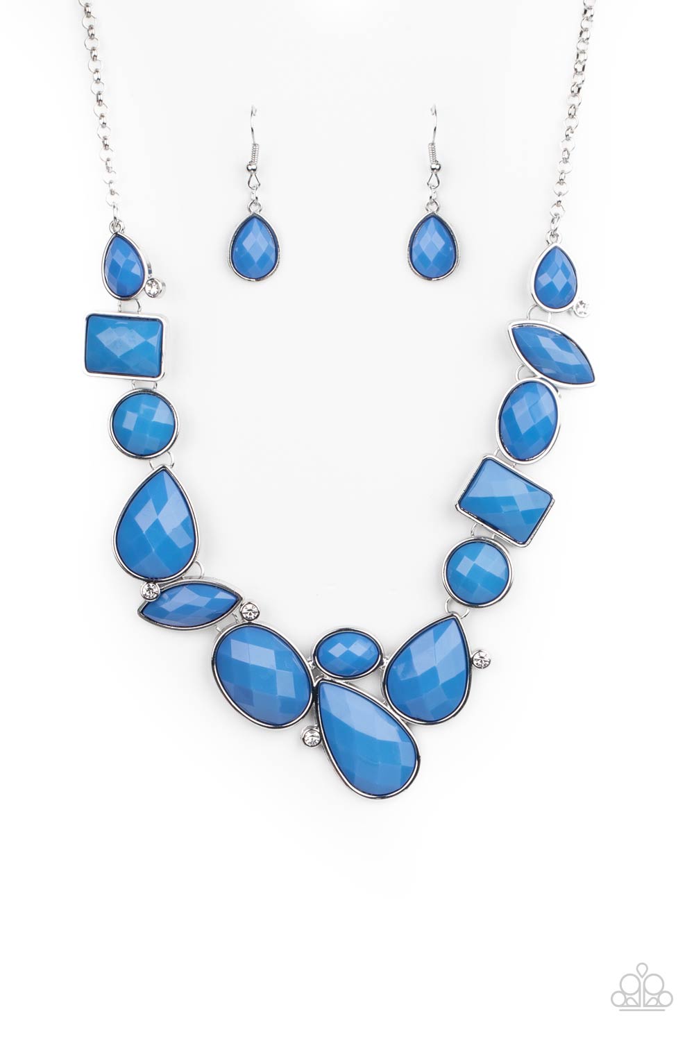 Mystical Mirage Blue Necklace- Paparazzi Accessories  Featuring the vibrant hue of French Blue, mismatched teardrop, rectangular, and round beaded frames delicately link below the collar. Hints of glassy white rhinestones are scattered throughout the display, adding a dash of refinement to the colorful statement piece. Features an adjustable clasp closure.  Sold as one individual necklace. Includes one pair of matching earrings.