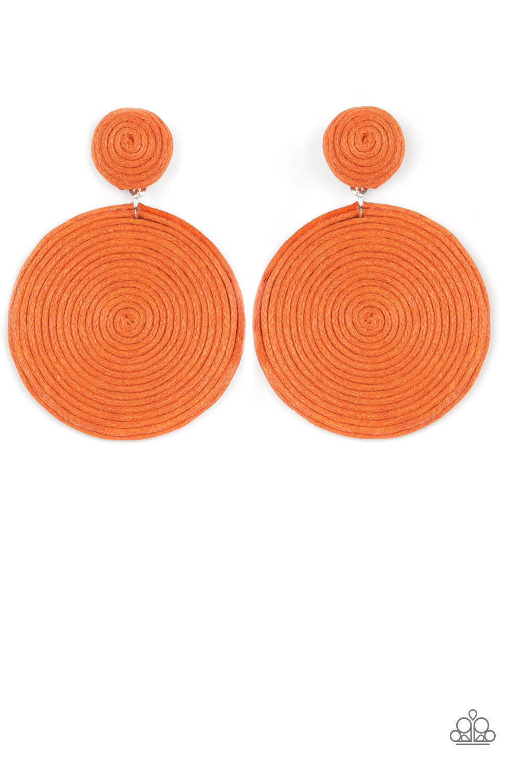 Circulate The Room Orange Post Earring - Paparazzi Accessories  A generous disc of Marigold thread spirals around and around for a dizzying finish as it connects to a Marigold threaded button post. Earring attaches to a standard post fitting.  Sold as one pair of post earrings.