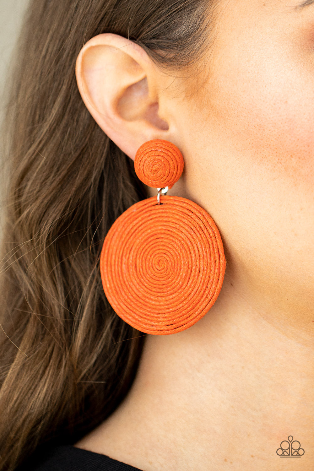 Circulate The Room Orange Post Earring - Paparazzi Accessories  A generous disc of Marigold thread spirals around and around for a dizzying finish as it connects to a Marigold threaded button post. Earring attaches to a standard post fitting.  Sold as one pair of post earrings.