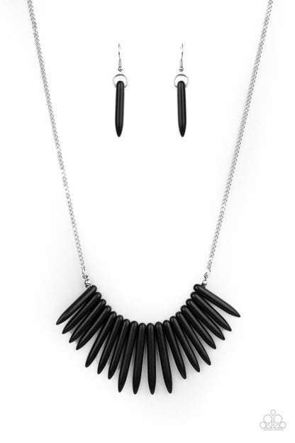 Exotic Edge Black Necklace - Paparazzi Accessories  A daring fringe of black stone spikes in gradually decreasing sizes flares out below the collar for an exotic and edgy effect. Features an adjustable clasp closure.  All Paparazzi Accessories are lead free and nickel free!  Sold as one individual necklace. Includes one pair of matching earrings.