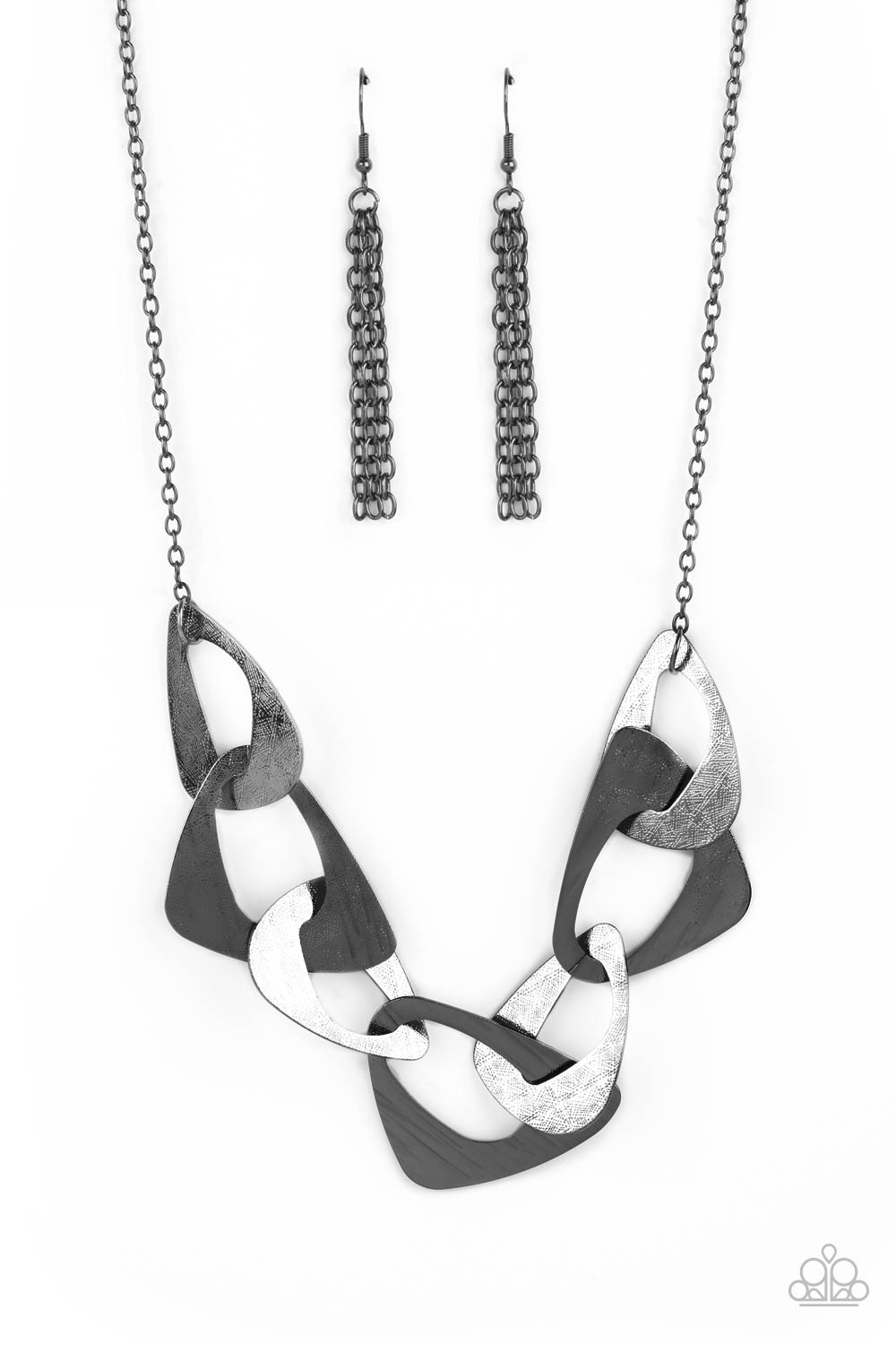 Guide To The Galaxy Black Necklace - Paparazzi Accessories  Large triangular cutouts stamped in a lightly dotted texture link below the collar forming a dramatic display of gunmetal slices. Features an adjustable clasp closure.  All Paparazzi Accessories are lead free and nickel free!  Sold as one individual necklace. Includes one pair of matching earrings.