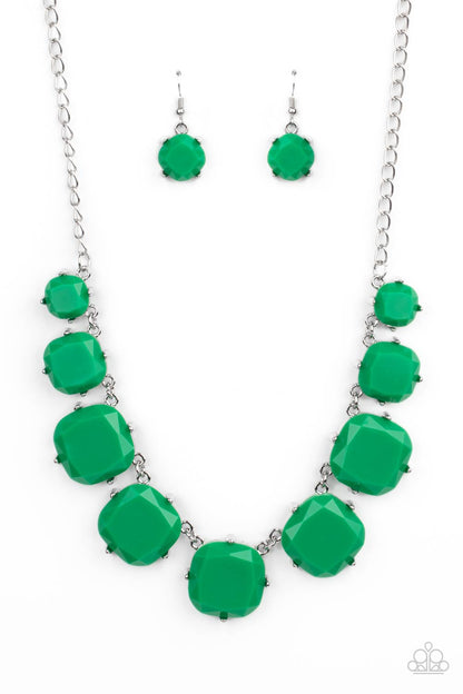 Prismatic Prima Donna Green Necklace - Paparazzi Accessories  Encased in pronged silver fittings, faceted Mint beads gradually increase in size as they link below the collar, creating a flamboyant pop of color. Features an adjustable clasp closure.  All Paparazzi Accessories are lead free and nickel free!  Sold as one individual necklace. Includes one pair of matching earrings.