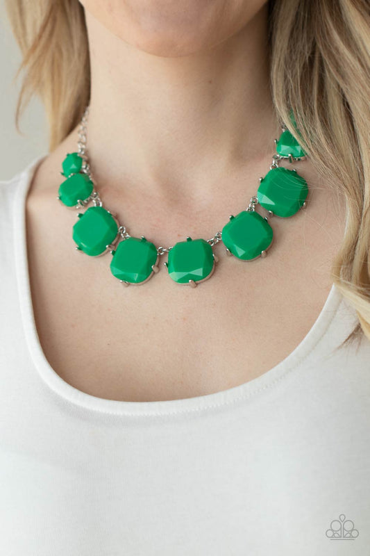 Prismatic Prima Donna Green Necklace - Paparazzi Accessories  Encased in pronged silver fittings, faceted Mint beads gradually increase in size as they link below the collar, creating a flamboyant pop of color. Features an adjustable clasp closure.  All Paparazzi Accessories are lead free and nickel free!  Sold as one individual necklace. Includes one pair of matching earrings.