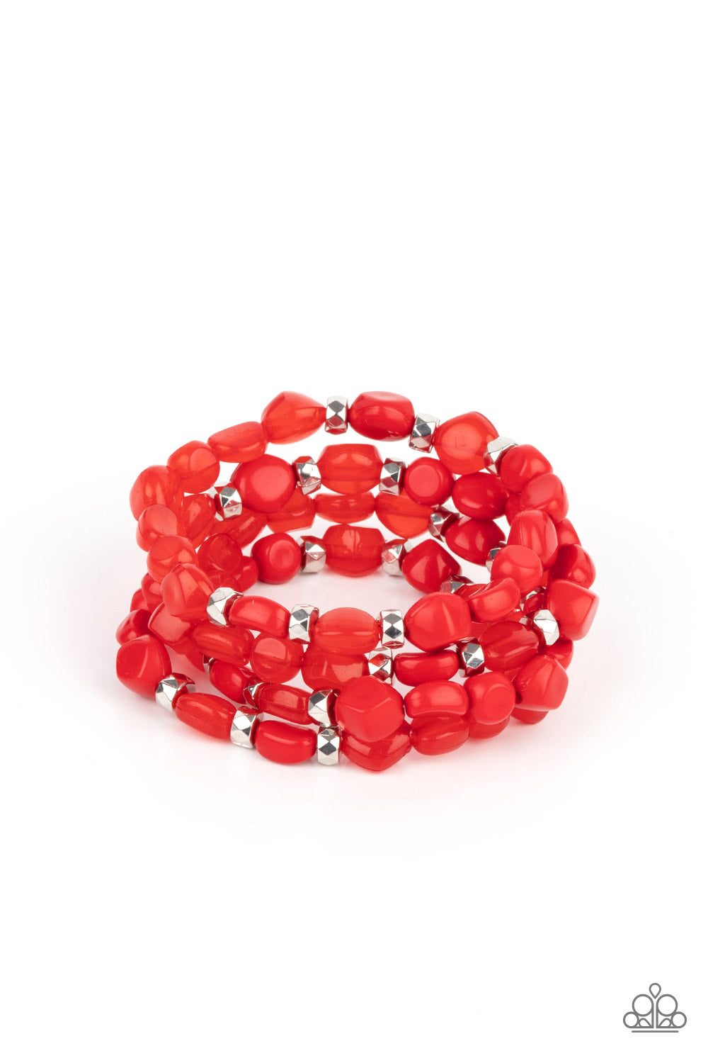 Nice GLOWING! Red Bracelet - Paparazzi Accessories  Bright red irregular shaped beads in varying opacities, accented with shining faceted silver beads are threaded along stretchy bands and stack up the wrist for a glowing display.  Sold as one individual bracelet.