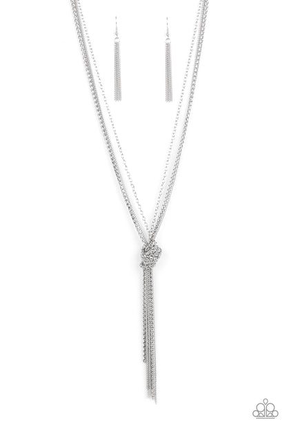 KNOT All There Silver Necklace - Paparazzi Accessories  An edgy collection of mismatched silver chains knot into an intense fringe, adding a bold industrial influence to any outfit. Features an adjustable clasp closure.  Sold as one individual necklace. Includes one pair of matching earrings.